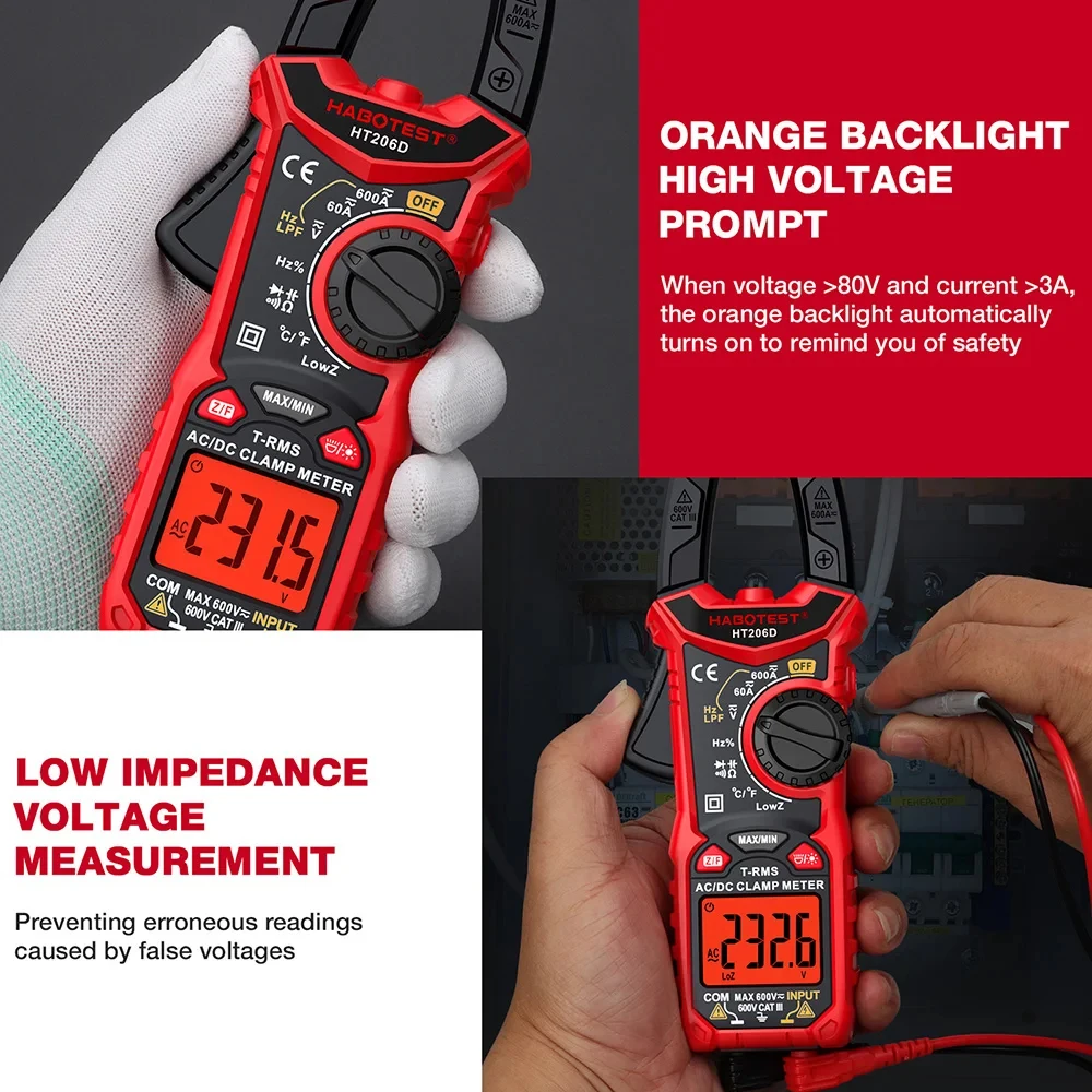Digital Multimeter HABOTEST HT206 Clamp Meter 600A Current Pliers Ammeter Voltmeter Hz Ohm Capacitance Electrical Tester