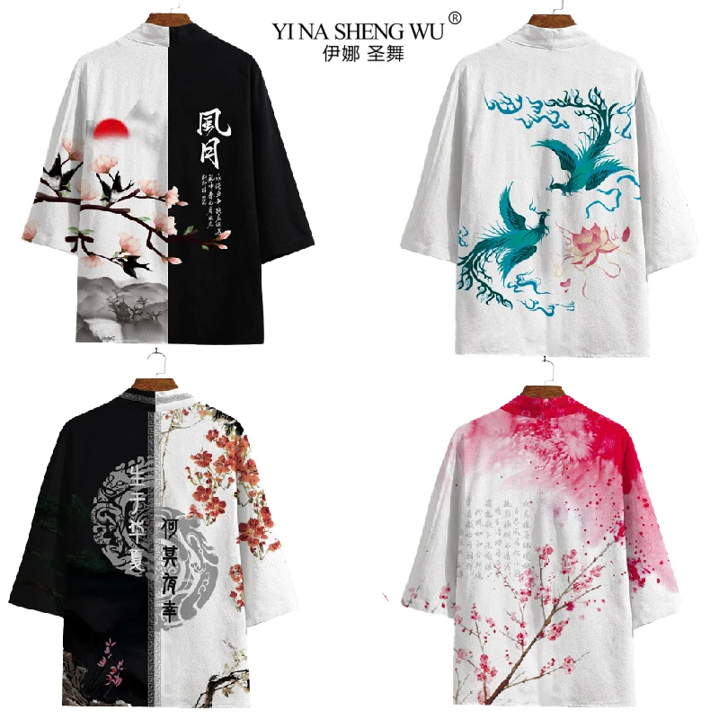 Black White Kimono Cosplay Samurai Haori Obi Women Men Cardigan Beach Yukata Costume Japanese Streetwear Traditional Clothes New