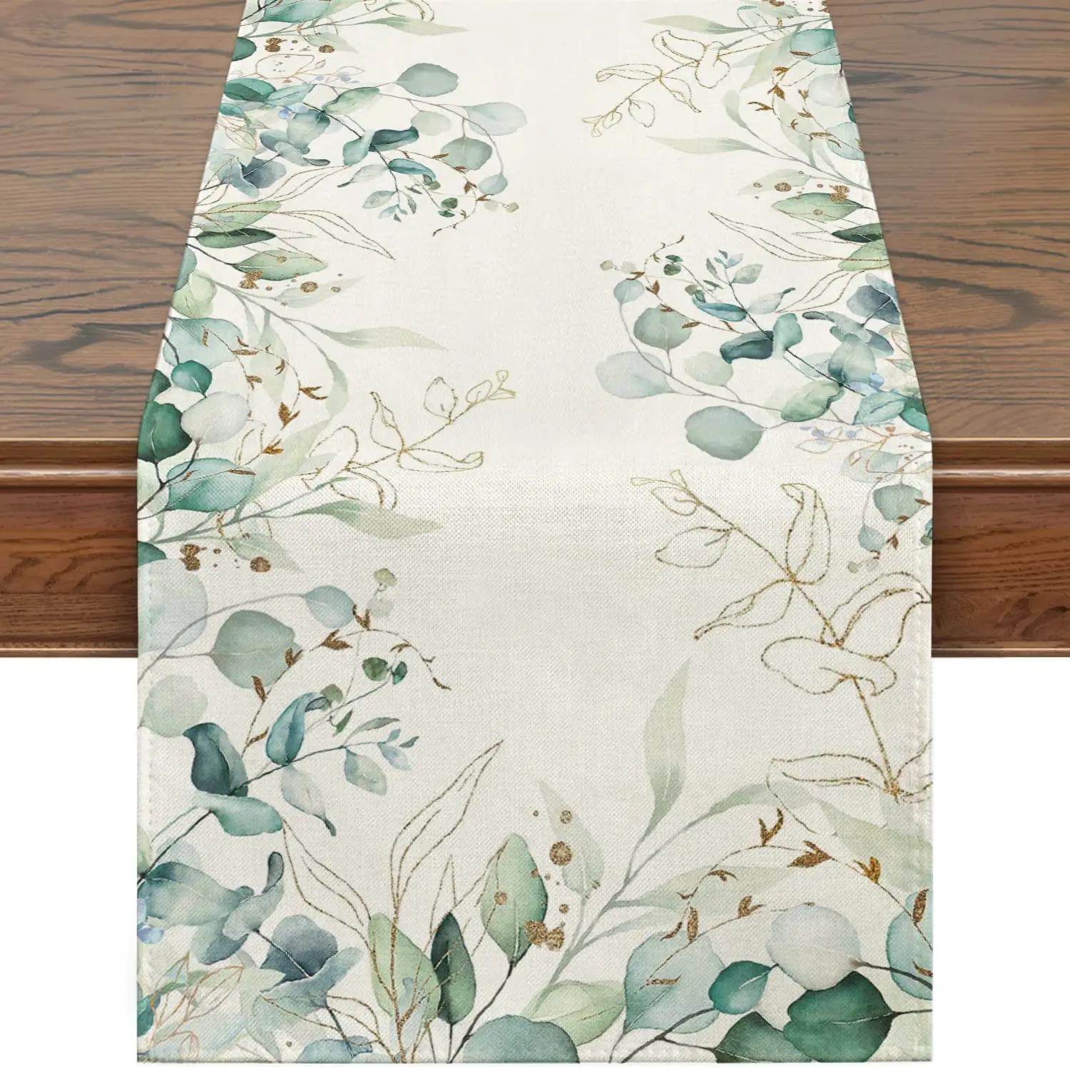 Description Picture 2 of itemSpring Green Eucalyptus Leaves Linen Table Runner Holiday Party Decorations Washable Dining Tablecloth for Kitchen Room Decor