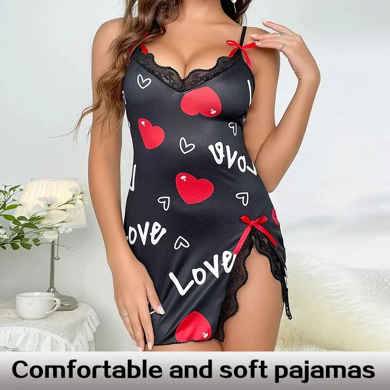Women Pajamas Sling Dress Lace Edge V-Neck Side Split Printed Sleepwear Home women nightgowns women nightdresses women pajamas sleeping dress