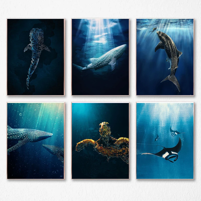 Classic Vintage Giant Creations In The Ocean Canvas Painting Wall Decor Manta Ray Turtle Whale Shark Art Poster Print Picture