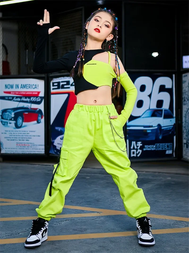 

2021 Summer Jazz Dance Costumes Green Black Hiphop Suit Girls Jazz Street Dance Clothing Children Hip Hop Practice Clothes 170cm