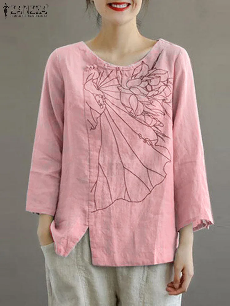 

ZANZEA Fashion Split Hem Shirt Woman Elegant Embroidery Tunic Tops Autumn Long Sleeve O Neck Chemise Femme Vintage Loose Blusas