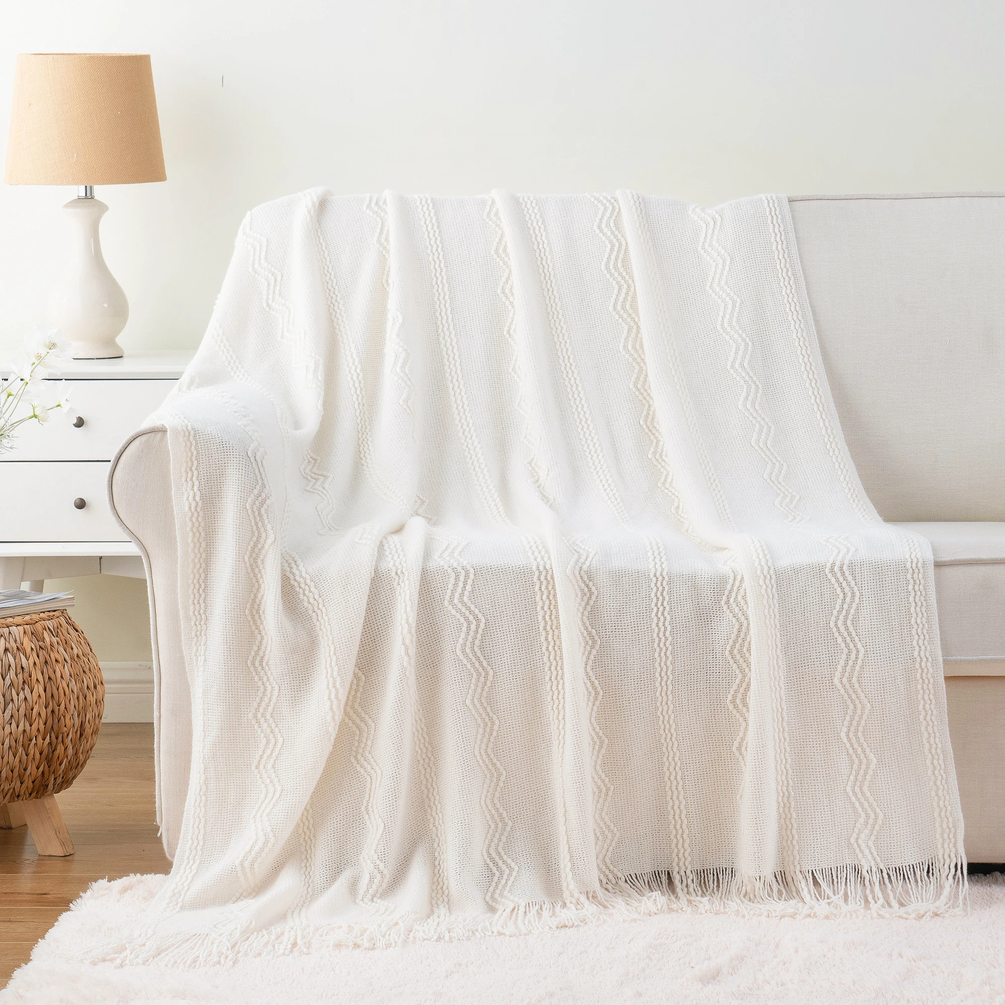 Caramel Knit Throw Blanket - Lightweight Plaid Blanket for Couch and Bed