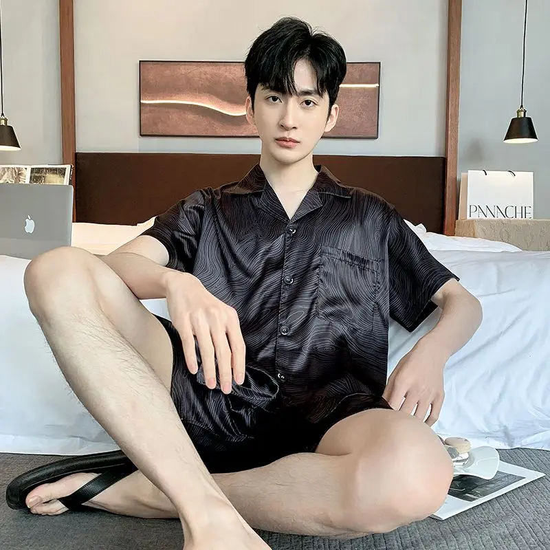 Silk Pajamas Short-sleeved Tops Shorts Men Pajama Sets Loose Sleepwear Loungewear Luxury Brand Sleepwear Thin Homewear