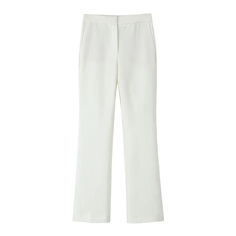 

YENKYE New Women Vintage Mid Waist Full Length Flared Pants Elegant Office Ladies White Trousers