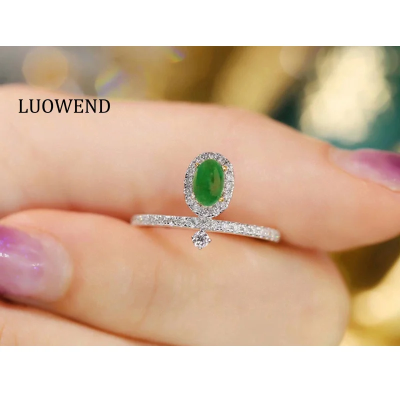 

LUOWEND 18K White and Yellow Gold Rings Fashion INS Style Real Diamond Natural Emerald Ring for Women High Party Jewelry