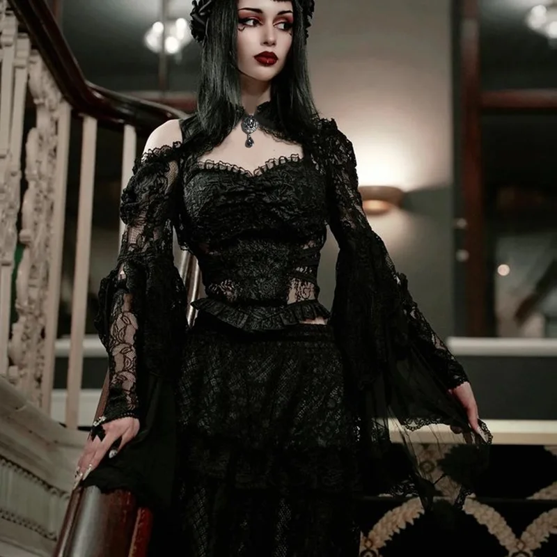 トップス dark coquette design l/s shirts Women E-Girls Short Sleeve T-Shirt Y2K Lace Trim Mesh