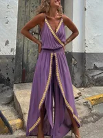 Women's Casual Purple Jumpsuit Gold Embellished Wrap Neck Split Legs High Waist Great for Bohemian Trips City Walks - Image 3