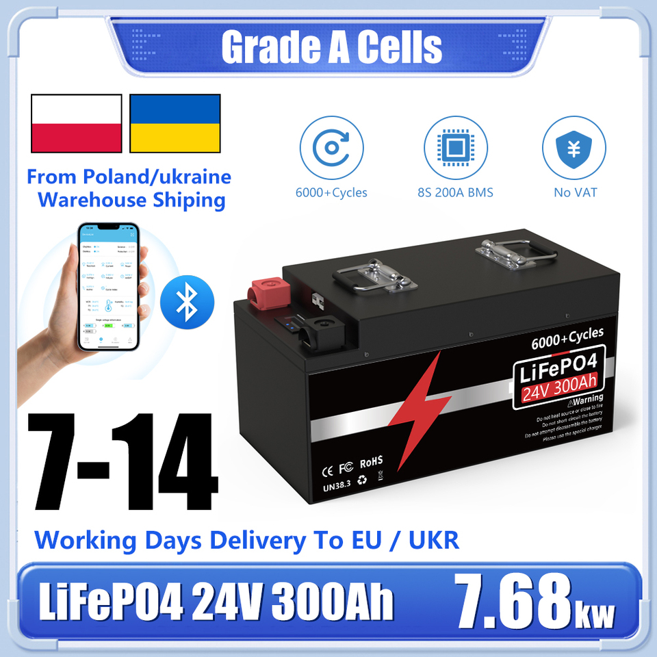 LiFePO4 Battery 24V 300Ah 200Ah 240Ah Buletooth BMS 12.8V 25.6V 6000+ Cycles Grade A Cells For RV Boat Solar EU UKR Delivery