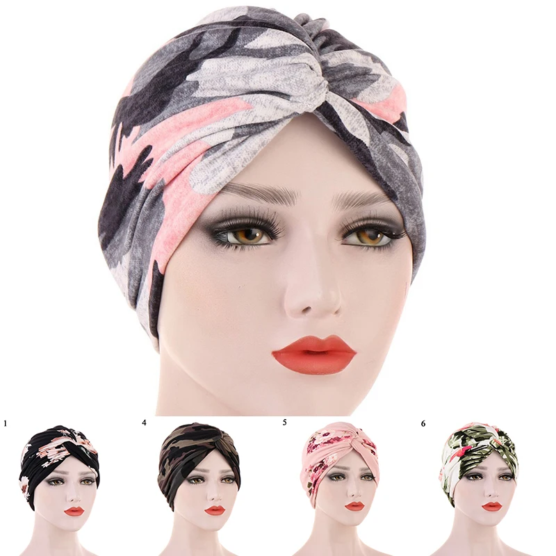 Fashion Muslim Hair Hats Folding Stretch Twisted Headscarves Head Wrap Women Bandanas Scarf Solid Camouflage Floral Print Turban