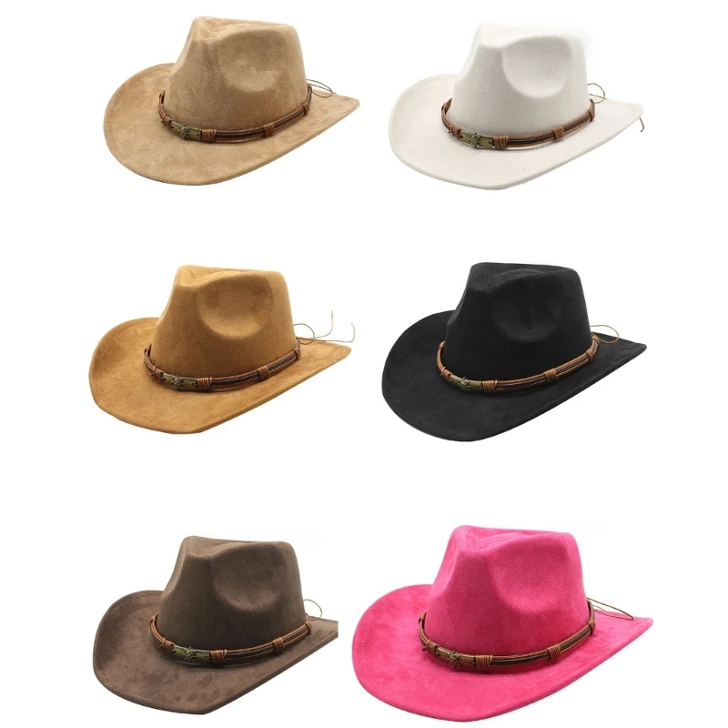 

Curved Brim Woman Men Cowboy Hat for Summer Sunproof Hat Ethnic Style Hat Rope Decor Cowgirl Hat Windproof for Adult