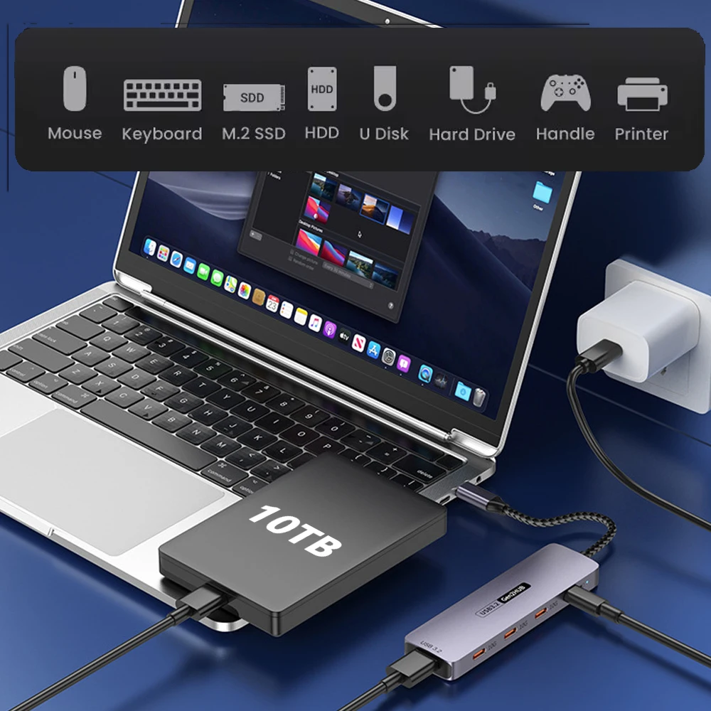 10Gbps USB3.2 Gen2 HUB USB C Splitter 3.2 Hub 10Gb High Speed for Laptop Macbook-Air MacBook Pro M4 M3 M2 Usb Extension Hub 5