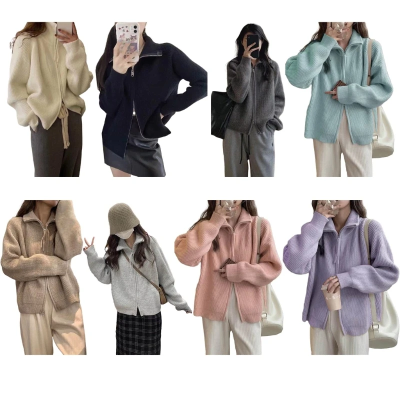 

Womens Long Sleeve Knit Sweater Zipper Open Front Cardigan Loose Coat Outerwear N7YE