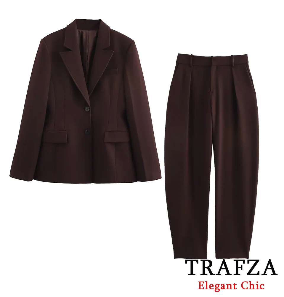 TRAFZA Women Vintage Elegant Blazer Pant Set Buttons Blazer + Bucket Pants New 2025 Fashion Spring Commuter Casual Blazer Set 2