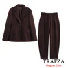 TRAFZA Women Vintage Elegant Blazer Pant Set Buttons Blazer + Bucket Pants New 2025 Fashion Spring Commuter Casual Blazer Set 2