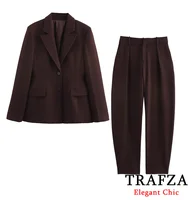 TRAFZA Women Vintage Elegant Blazer Pant Set Buttons Blazer + Bucket Pants New 2025 Fashion Spring Commuter Casual Blazer Set 2