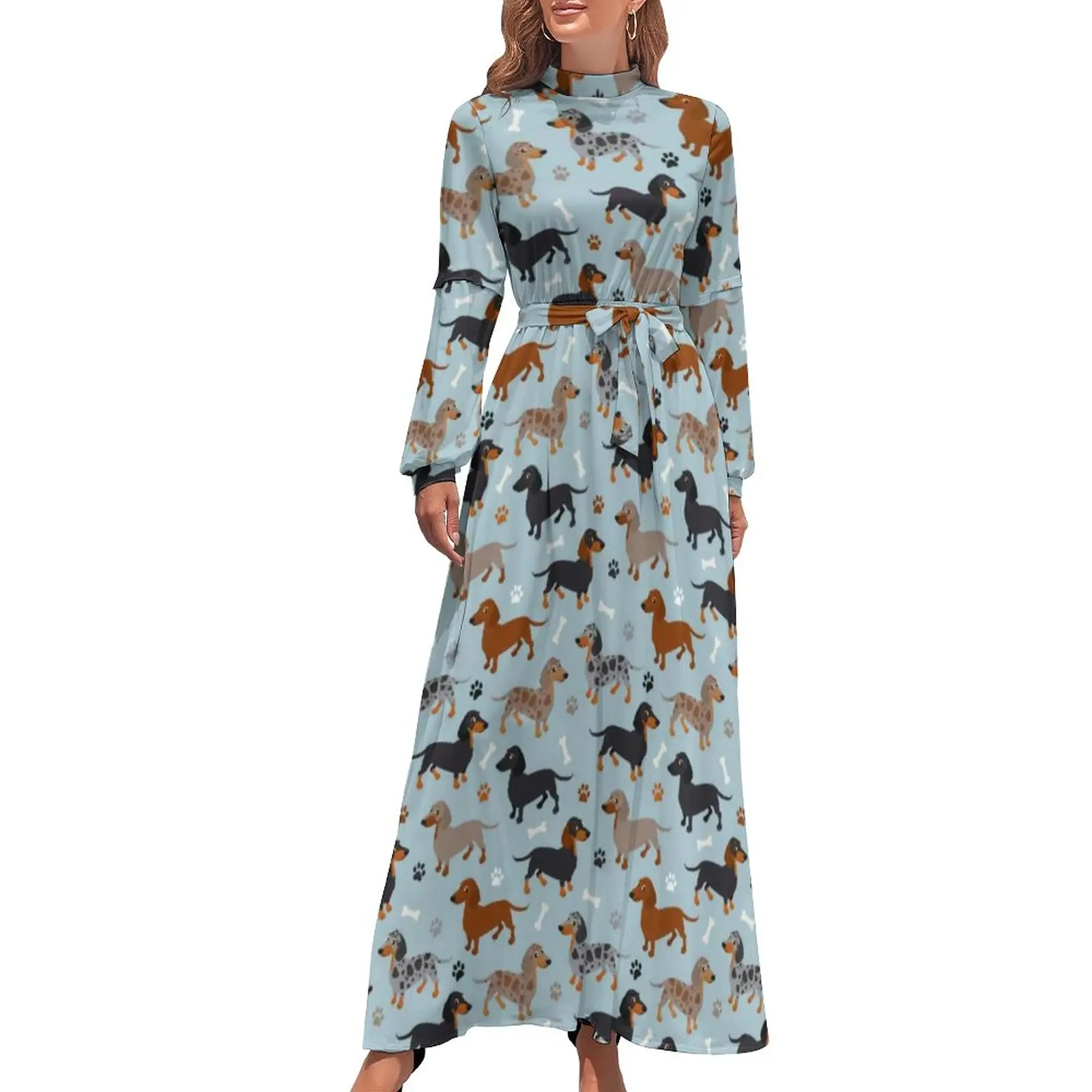 

Dog Print Dress Dachshund Paws and Bones Trendy Printed Maxi Dress High Waist Long-Sleeve Street Wear Boho Beach Long Dresses