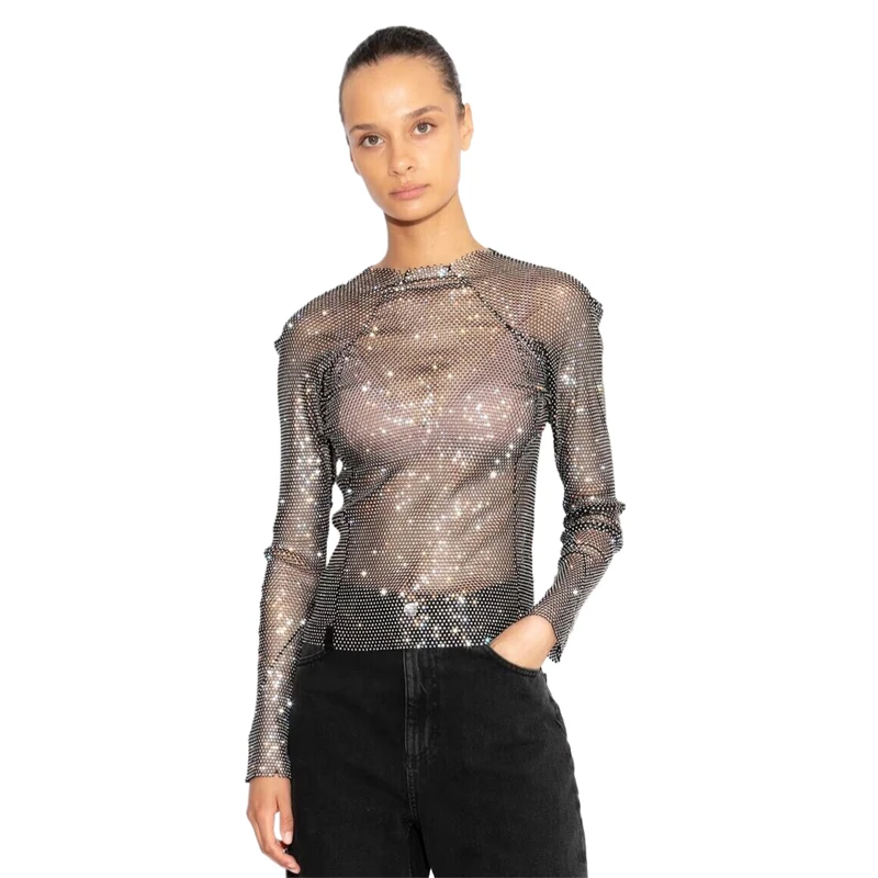 Vintage 2000er Jahre Damenmode Crop Top Netzstoff T-Shirt Glänzende Strass Starlight Durchsichtiges Sexy Oberteil Party Clubwear Top – Detail 1