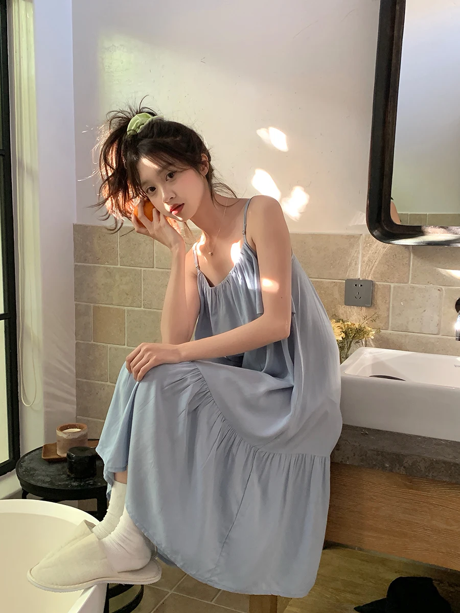 Cute Mid-Length Sp Dr Women's Summer Outdoor Wearable Sweet Sle round Ne Home Dr Casual Comfortable Nightgown