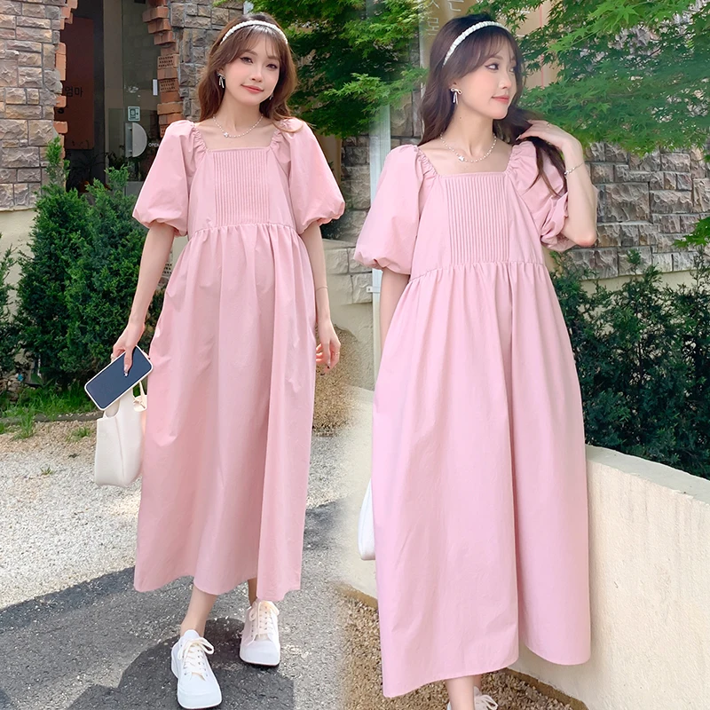 

2024 Plus Size Summer Pregnancy Dress Puff Sleeve Square Collar Maternity Beach Dress Long Loose Pregnant Woman Holiday Clothes
