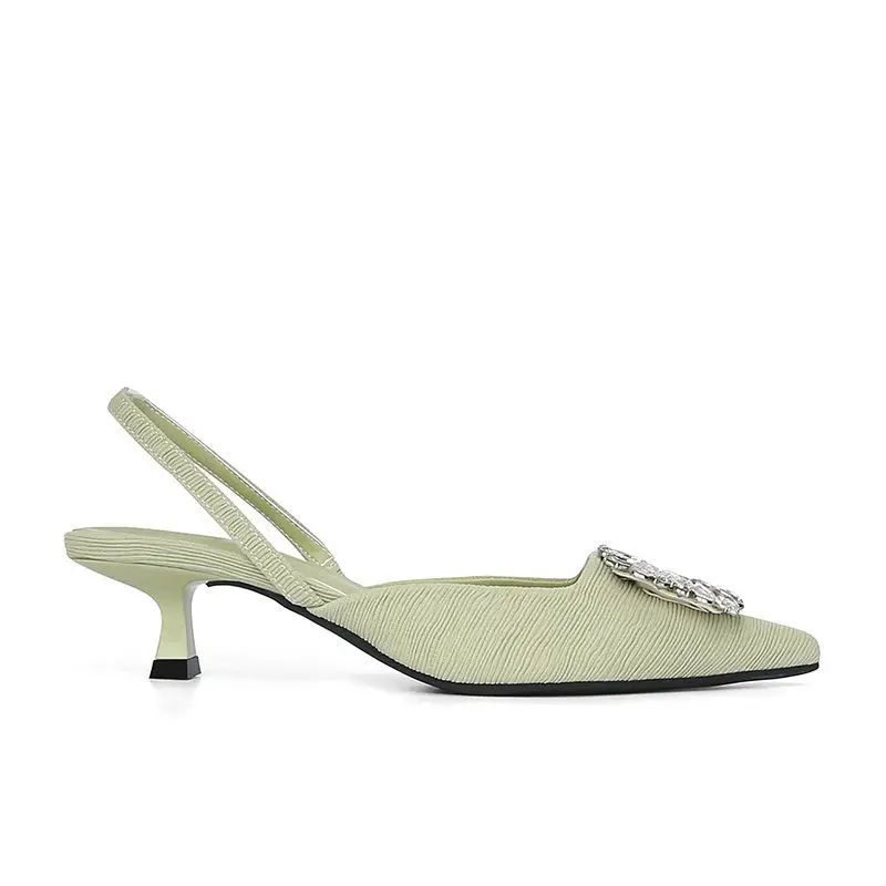 Women Sexy Kitten Heel Crystals Summer Party Sandals 2022 Sling Back Low Heeled Elegant Luxury Wedding Green Black White Shoes |
