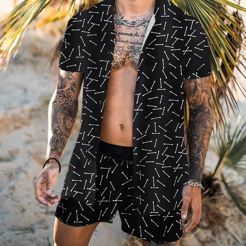 

2023 New Hawaiian Beach Men's Suit Print Lapels Short Sleeve Shirt and Shorts Two-piece Set Casual Mens Clothes Black Beachwear