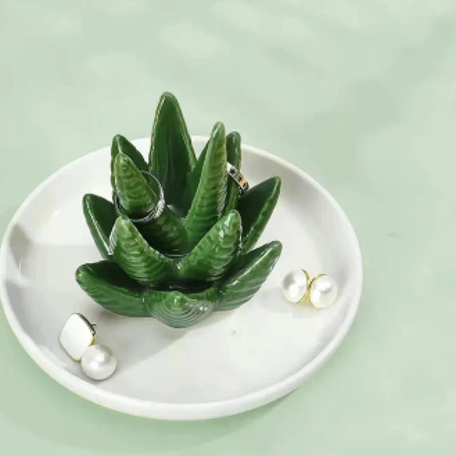 Ceramic Aloe Ring Holder Jewelry Plate Display Stand Creative Dresser Storage Tray