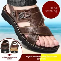 Top Layer Cow Leather Massage Base Slippers Men's Genuine Leather Summer Slip-On Outerwear Casual Beach Shoes For Men