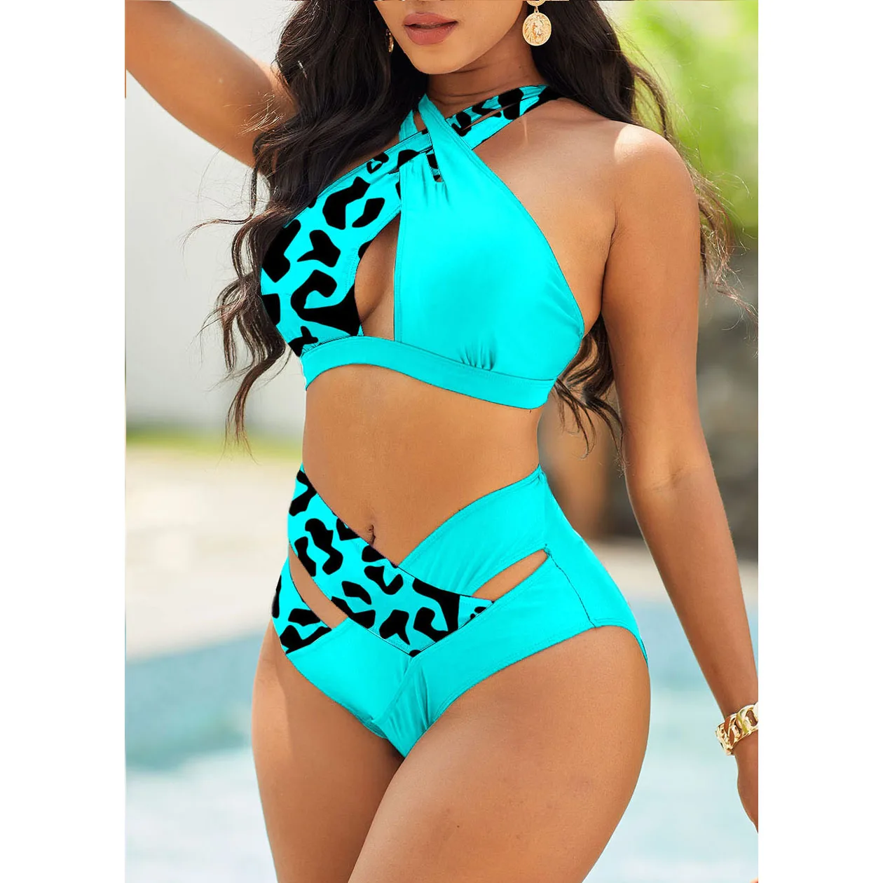 Womens Swimming Suit Halter Two Pieces Bathing Suit Leopard Striped Butterfly Printed Tankini Top Boyshorts Swimm S-5XL