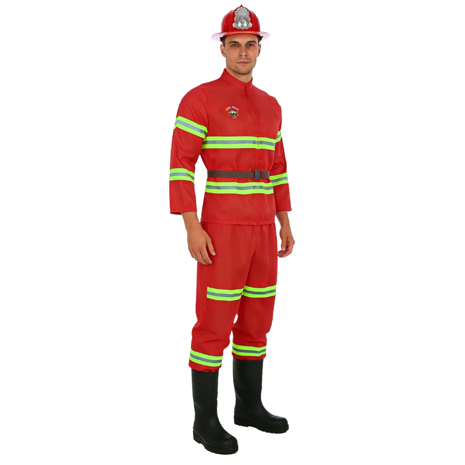 Adult Firefighter Fire Captain Cosplay Costume Mens Firemen Firefighting Jacket Coat Outfit Long Sleeve Coat Jacket Pants Belt