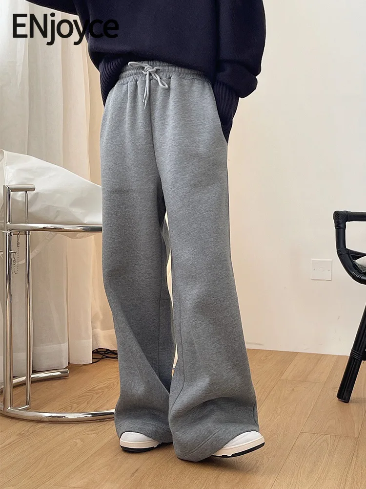 

ENjoyce Winter Women Vintage Grey Fleece Sweatpants Brushed Sports High Waist Loose Straight Pants Streetwear Wide Leg Trousers