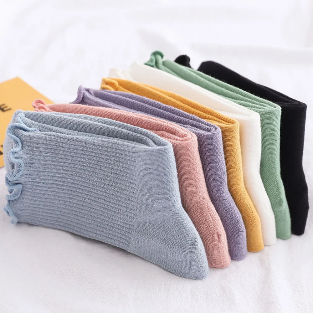 3Pairs Ruffle Socks Summer Lolita Fashion Japanese Maiden Cute Kawaii Harajuku Princess Girl Polyester Solid Color Mid Tube Sock