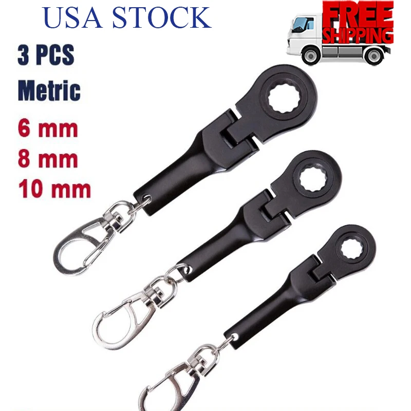 

3 PCS Ratchet Wrench Flexible Head Keychain Metric 6 Mm 8 Mm 10 Mm Spanner with Key Ring Portable Box End Wrench Hand Tool Kit
