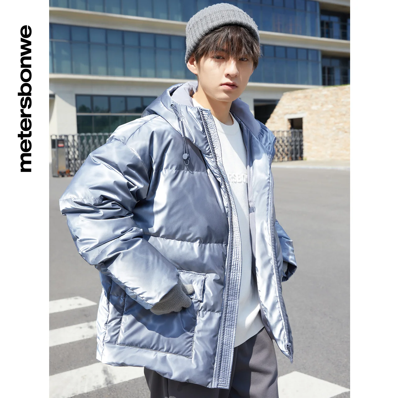 Metersbonwe Short Dazzling Colour Fabric Down Jacket Men Winter Warm 80% Gray Duck Down Hooded Anti-Snow Loose Warm Down Coat