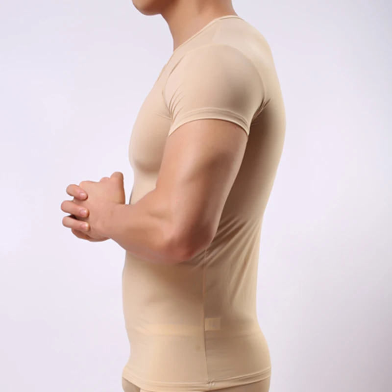 Men Undershirt See Through Underwear Gay Sexy Transparent Basic Shirts Ice Silk Ultra-thin V-neck Tops Short Sleeves