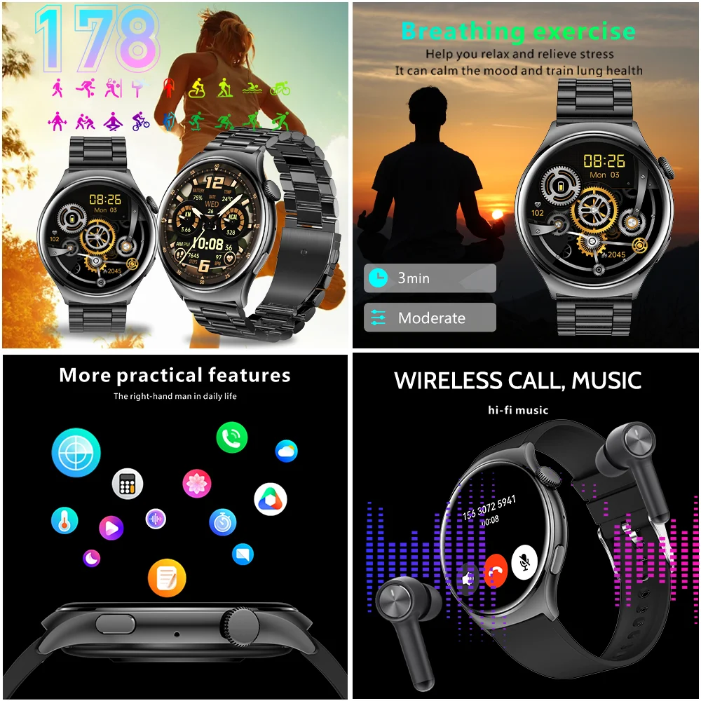 2024 진짜 AMOLED 스마트 워치 남녀공용, 1.43 인치 1ATM 방수 스포츠 시계 화면, 항상 시간 표시, 음성 통화 스마트워치