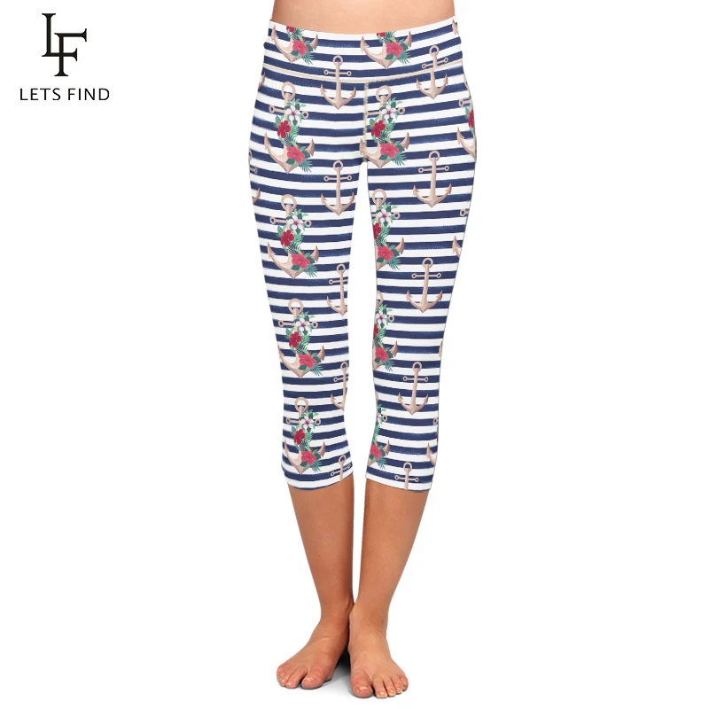 

LETSFIND 2020 Hot Sale Women Anchor Printing Capri Leggings High Waist Fitness Soft Slim Girl Leggings for Summer