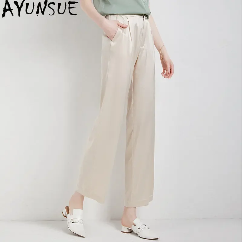 

2024 Women's High Waist Pants Casual Long Trousers Elegant 95% Mulberry Silk Loose Pants Summer Woman Clothing Брюки Женские LM