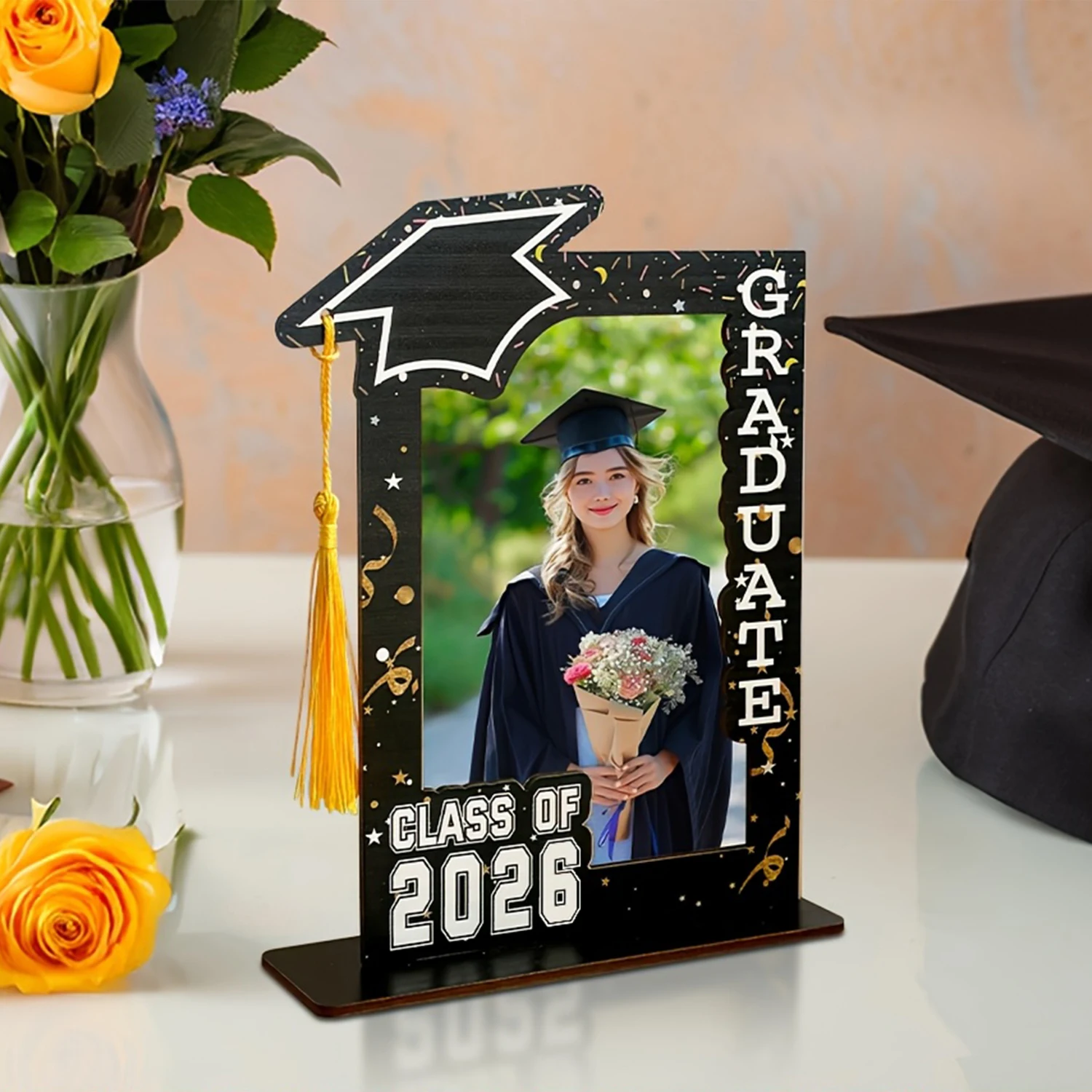 2026 Graduation Cap Photo Frame – Black Wooden Keepsake 1