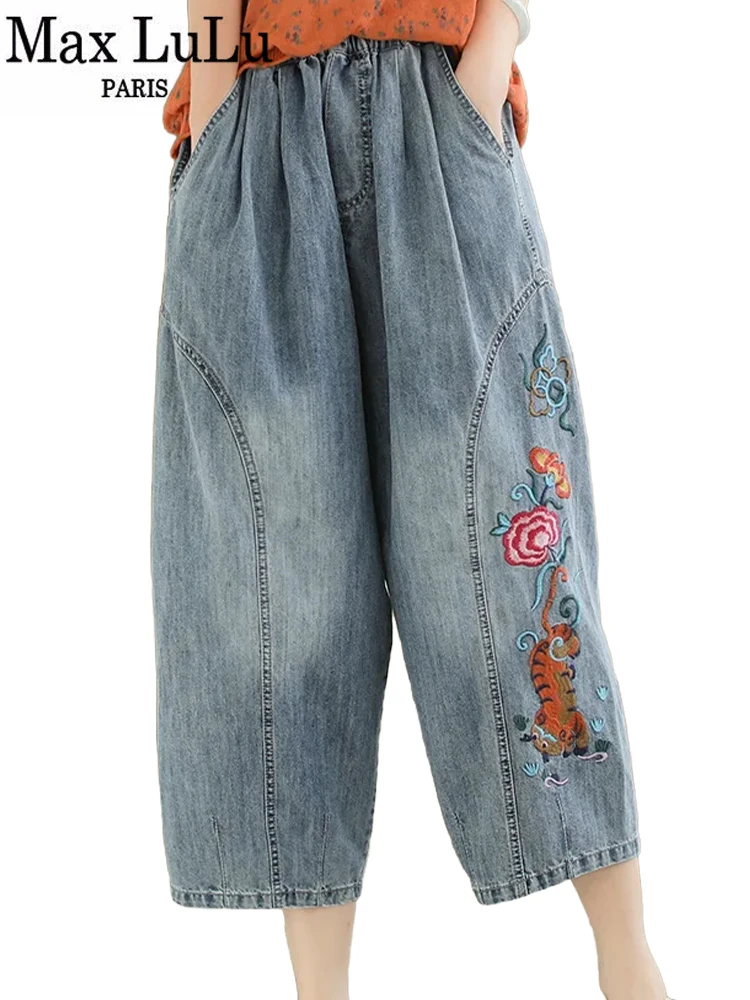 

Max LuLu Summer Fashion Embroidery Denim Pants Womens Loose Leisure Elastic Jeans Ladies Classic Vintage Elegant Harem Trousers