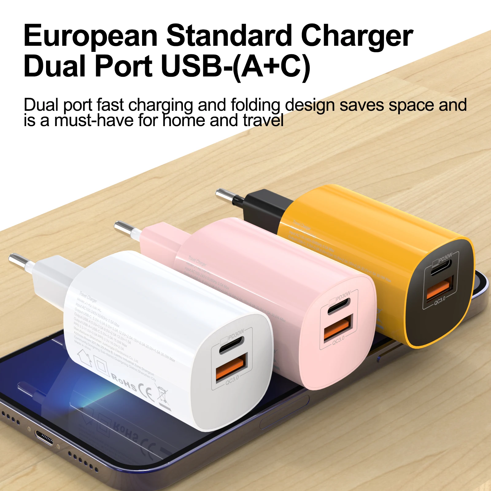 Dual-Port 30W GaN Fast Charger with USB C and USB A Connections