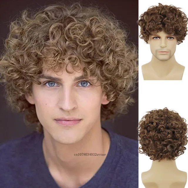 Short Curly Wigs for Men Synthetic Hair Natural Wigs Brown Color Fluffy Haircuts Thick Bob Wig Colly Afro Wig with Bangs Male 1