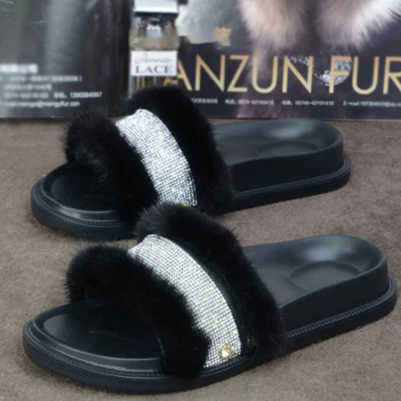 

Real Mink Fur Slippers For Women Summer Flat Fashionable Fluffy Slippers Ladies Shoes Woman Home Slipper Female Furry Sandals