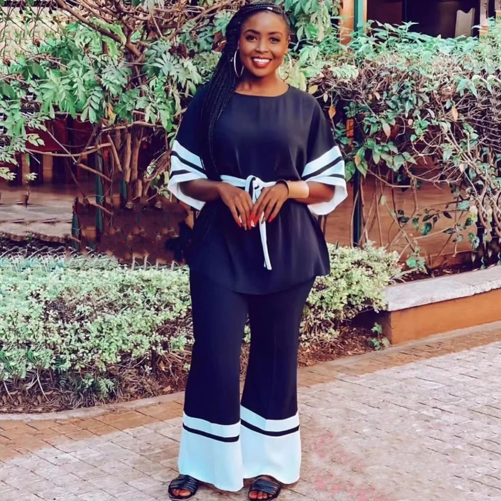

African Classic Solid Two Pieces Set O-collar Bat Sleeve Top Suits 2023 Women Color Block Wide Trousers Set Daily Casual