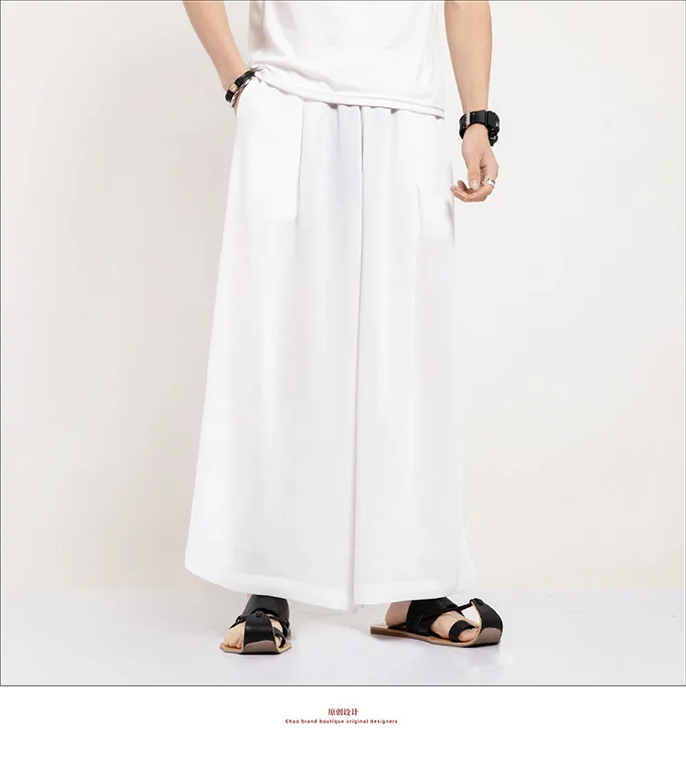 Sommer Eisseide Weite Hosen für Herren Schwarz Weiß Harajuku Streetwear Cropped Hosen Männliche Chinesische Stil HanFu Kongfu Rock-Hosen – Detail 11