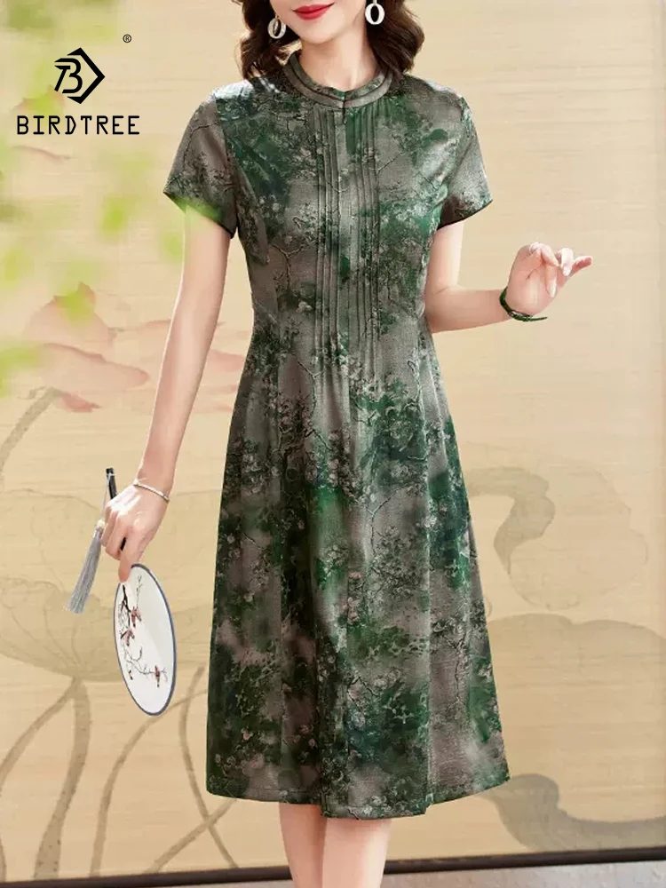 

BirdTree, 90%Real Silk Elegant Dresses, Women Short Sleeve Stand Flower, Loose Retro Commute Mom OL Dress, 2024 Summer D46306QC