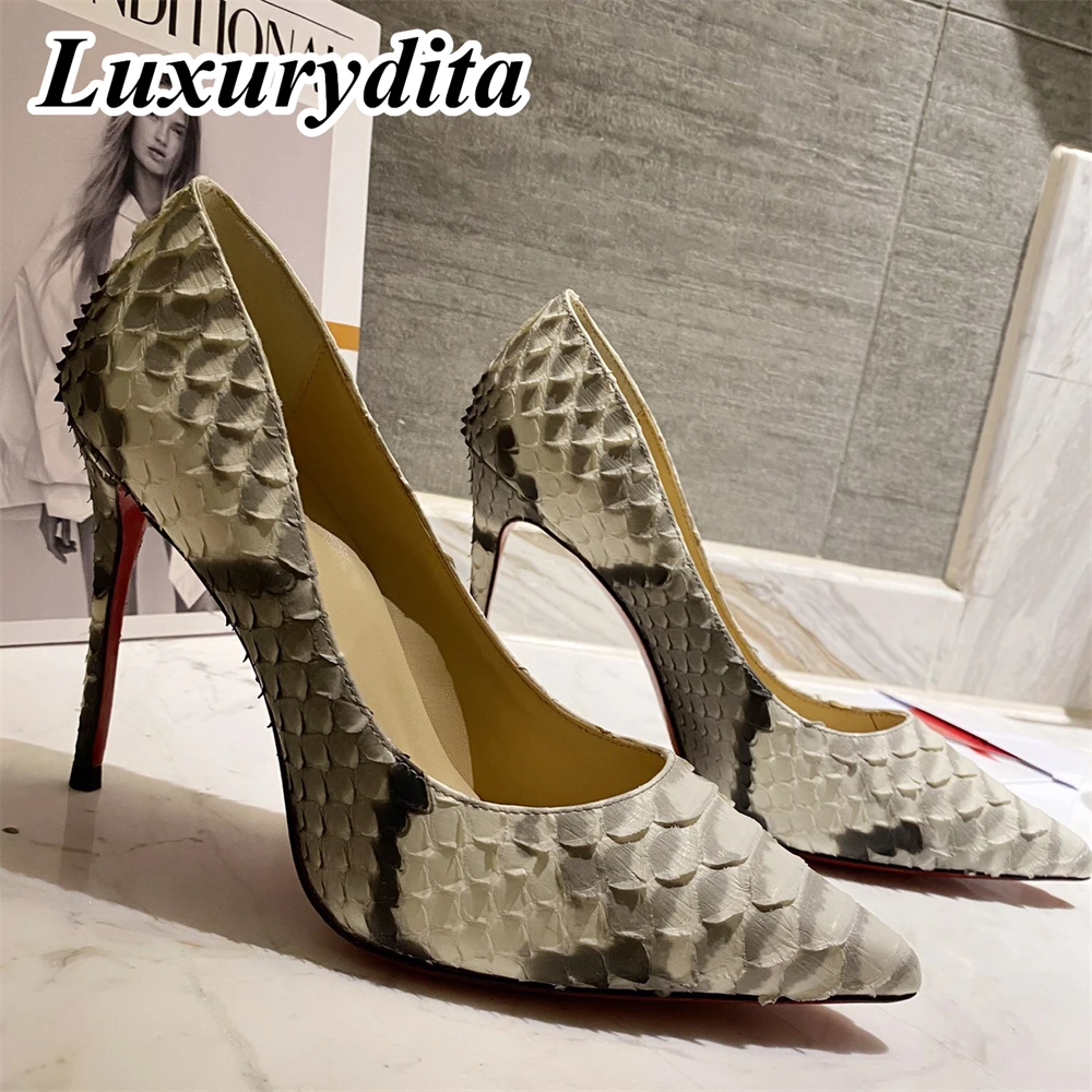 

LUXURYDITA Designer Womens High heels Sandals Snakeskin Red heel Pumps Luxury Dinner Wedding Party Banquet Mules H2210