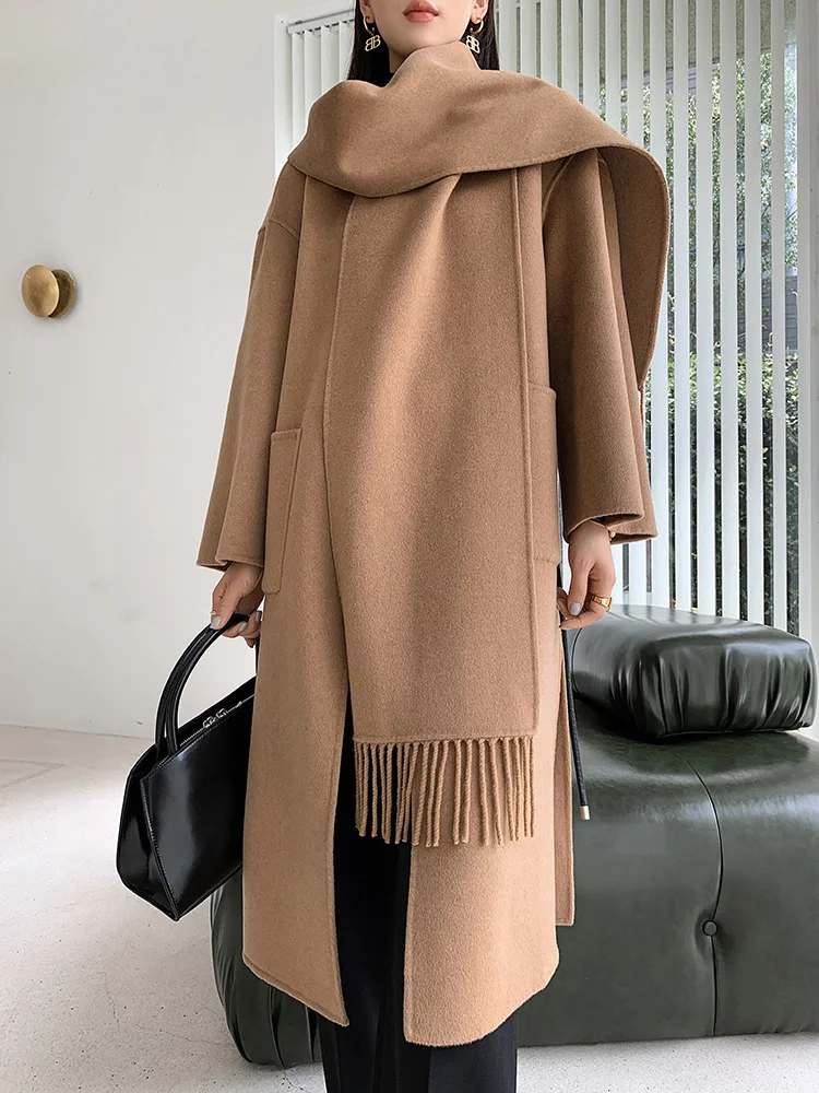 CAIXINGLE Scarf Collar Double Sided 100% Wool Coat Korean Style Medium Long Solid Color Overcoats Female Luxury Clothing 2R9670 fs european solid color men red scarf brand designer style wool soft cashmere scarves cachecol masculino inverno winter shawls