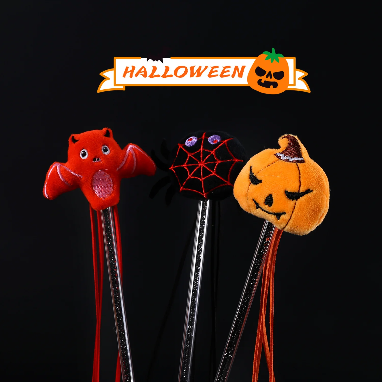 

Halloween Interactive Cat Toy Cat Stick Playing Kitten Teaser Wand Toy Cartoon Plush Spider Pumpkin Bat Fringe Sound Pet Toy